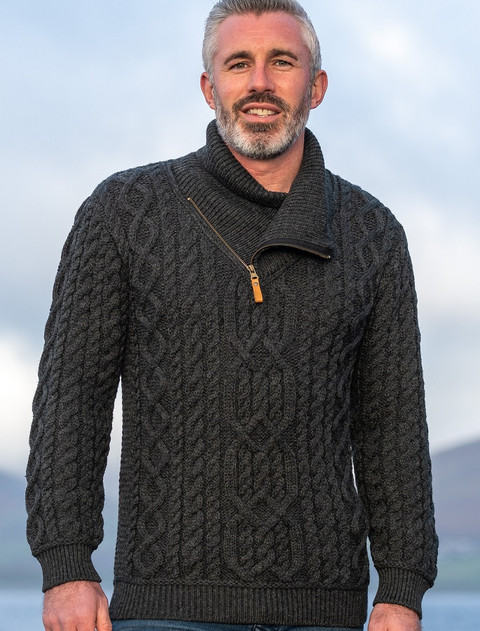 Aran Zip Shawl Neck Sweater - Charcoal