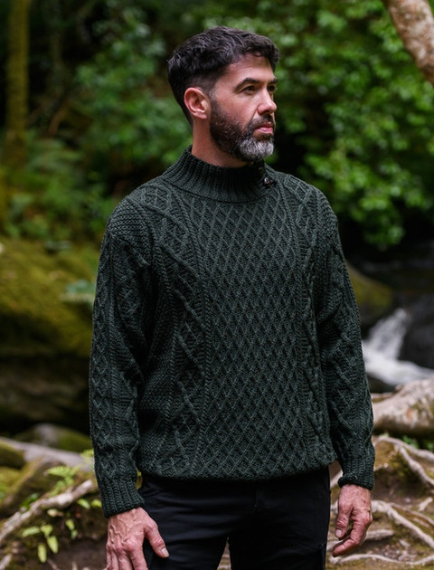 Mens Merino Aran Button Collar Sweater - Army Green