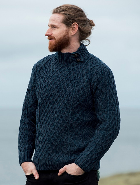 Mens Merino Aran Button Collar Sweater - Atlantic