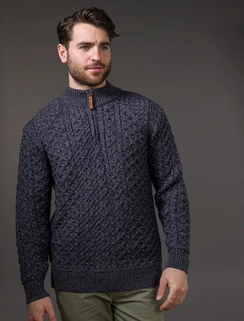 Mens Super Soft Half Zip Aran Sweater - Cormorant