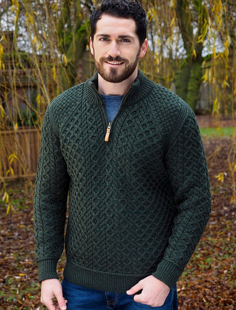 Mens Super Soft Half Zip Aran Sweater - Army Green