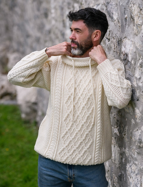 Mens Drawcord Collar Aran Sweater - Natural White