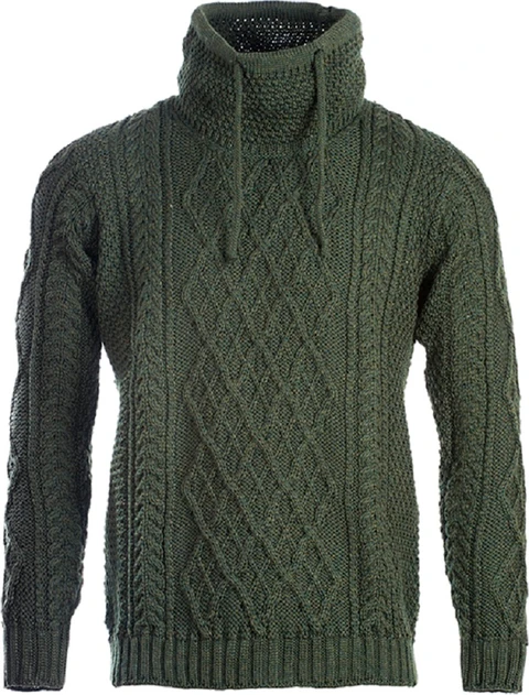 Mens Drawcord Collar Aran Sweater - Army Green