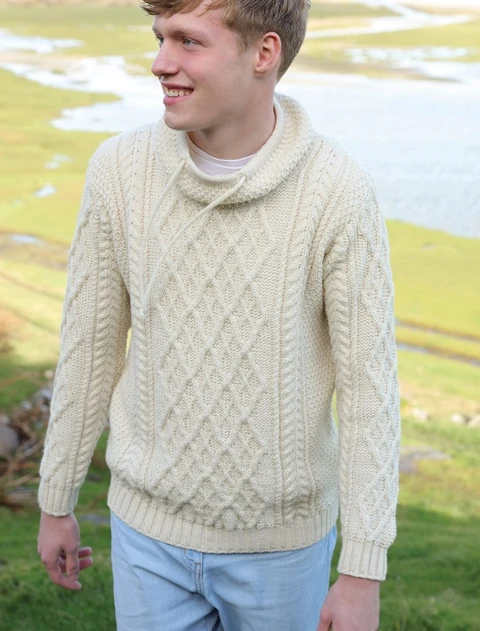 Mens Drawcord Collar Aran Sweater - Natural White