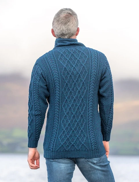 Mens Drawcord Collar Aran Sweater - Atlantic