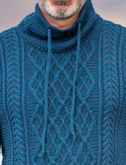 Mens Drawcord Collar Aran Sweater - Atlantic Detail