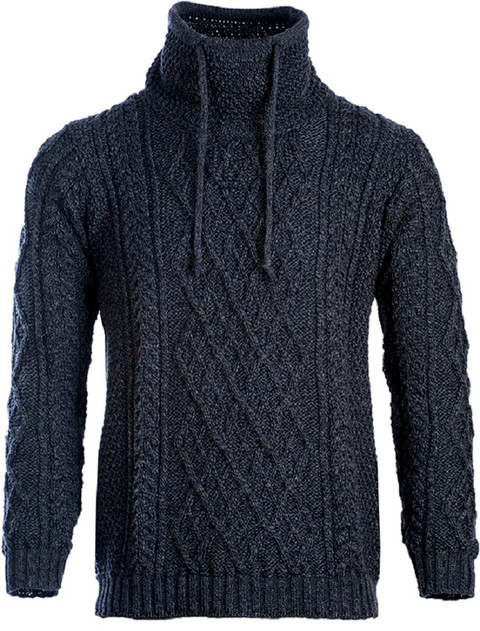 Mens Drawcord Collar Aran Sweater - Derby