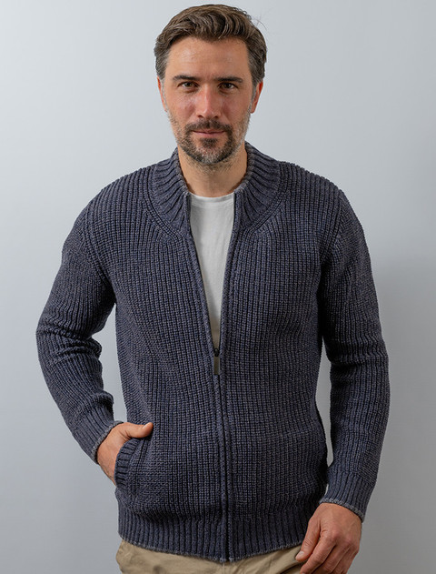 Men's Merino Ribbed Cardigan - Navy Marl