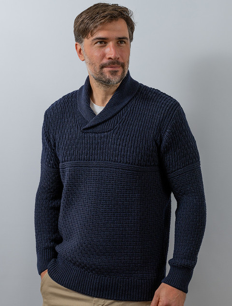 Men's Textured Shawl Collar Sweater - Navy