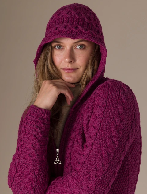 Hooded Coatigan with Celtic Knot Zipper Pull - Raspberry