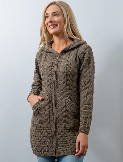 Hooded Coatigan with Celtic Knot Zipper Pull - Brown