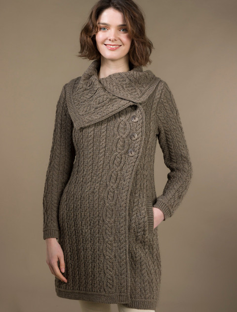 Large Collar Aran Coat - color: Brown; type: Front