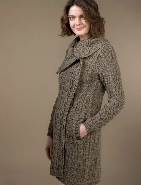 Large Collar Aran Coat - color: Brown; type: Front