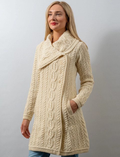 Large Collar Aran Coat -Natural
