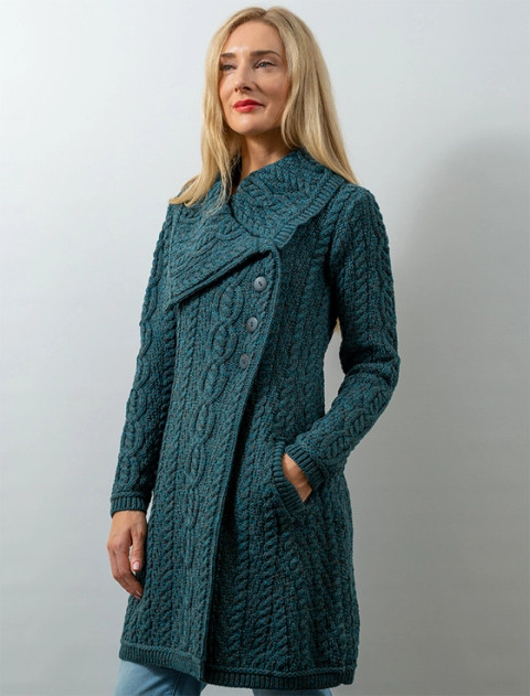 Large Collar Aran Coat -Peacock