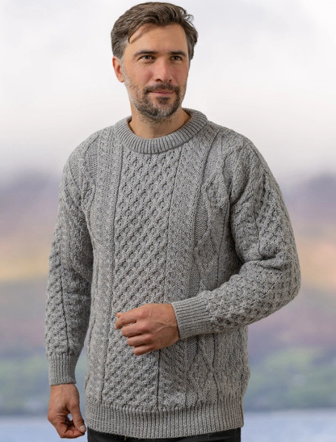 Men's Cable Knit Crew Neck Aran Wool Sweater - Ash Grey