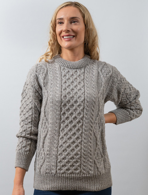 Cable Knit Crew Neck Aran Wool Sweater - Soft Grey