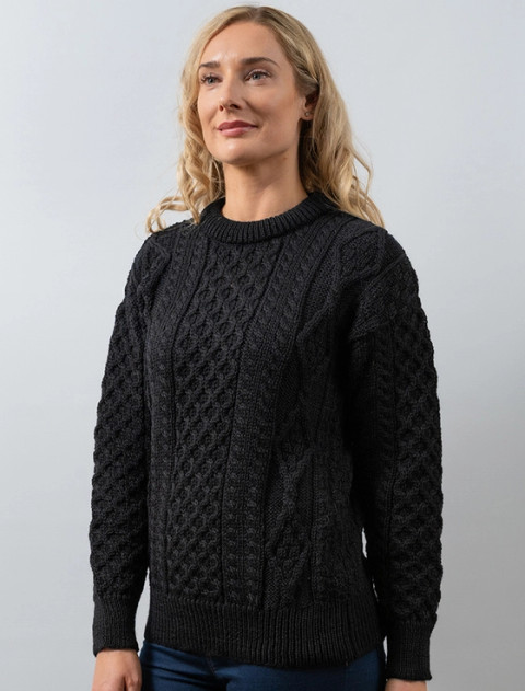 Cable Knit Crew Neck Aran Wool Sweater -Black