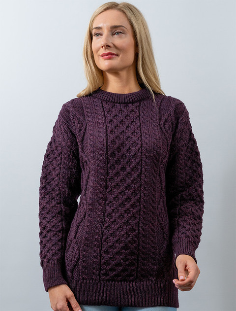 Cable Knit Crew Neck Aran Wool Sweater -  Grape