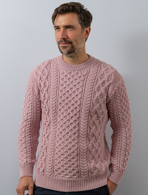 Heavyweight Merino Wool Aran Sweater - Pale Pink