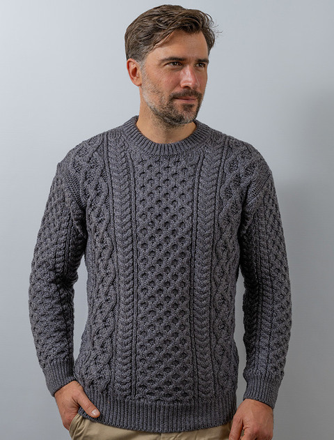 Heavyweight Merino Wool Aran Sweater - Steel Marl