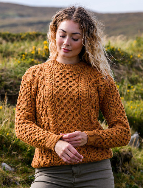 Heavyweight Merino Wool Aran Sweater -Golden Ochre