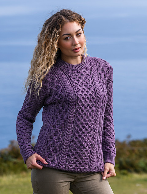 Heavyweight Merino Wool Aran Sweater -Warm lavender