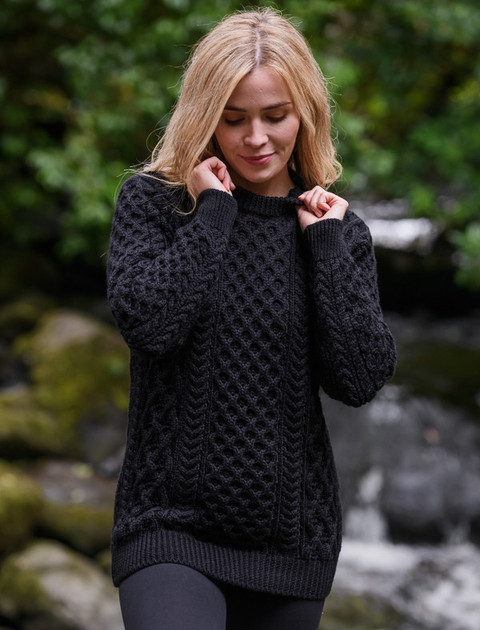 Heavyweight Merino Wool Aran Sweater -Dark Night