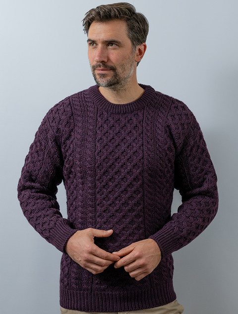 Mens Heavyweight Traditional Aran Wool Sweater - Damson
