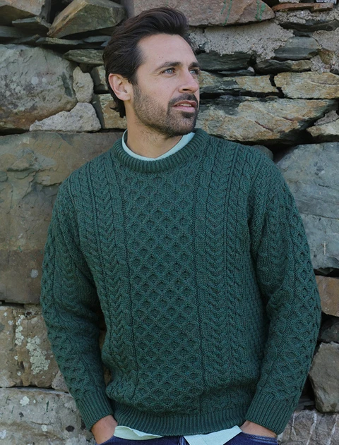 Men's Merino Aran Sweater - color: Connemara Green; type: Primary