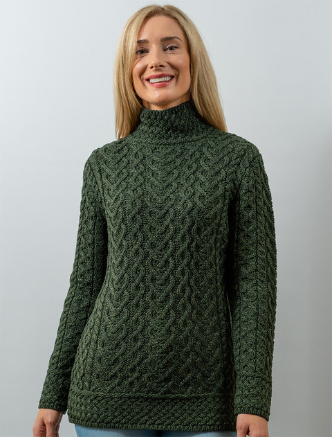 Super Soft Polo Neck Aran Sweater - Army Green