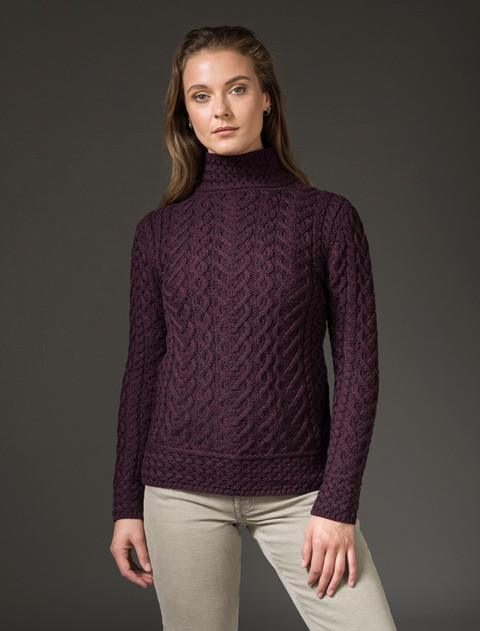 Super Soft Polo Neck Aran Sweater - Damson