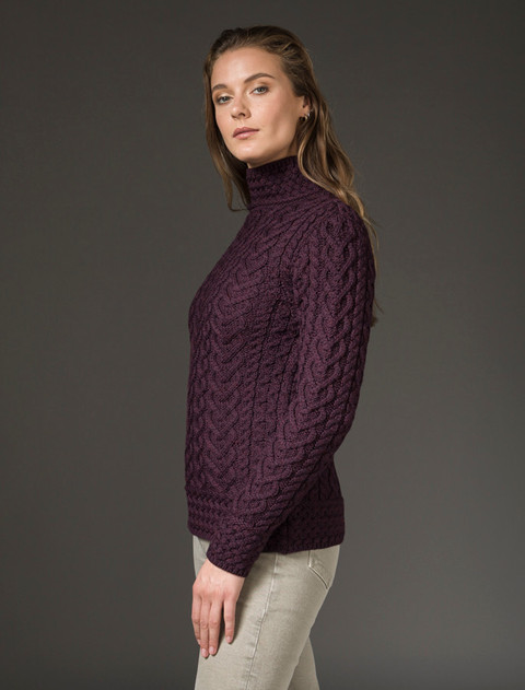 Super Soft Polo Neck Aran Sweater - Damson