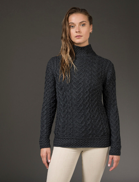 Super Soft Polo Neck Aran Sweater - Charcoal