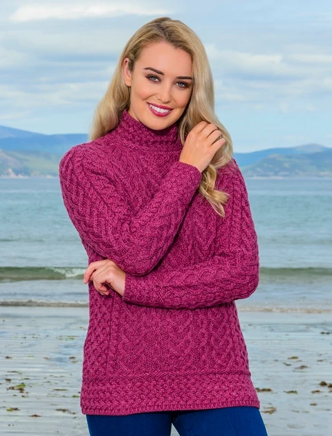 Super Soft Polo Neck Aran Sweater - Magenta
