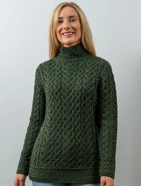 Super Soft Polo Neck Aran Sweater - Army Green