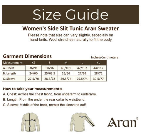 Women's Side Slit Tunic Aran Sweater - Size Guide