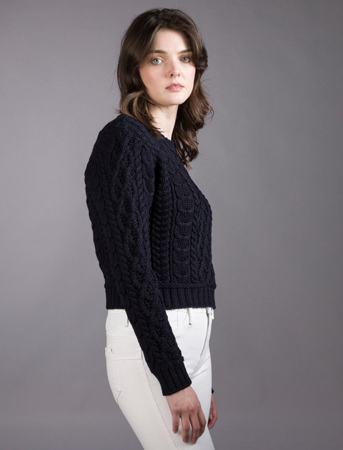 Ladies Cropped Aran Sweater - Navy
