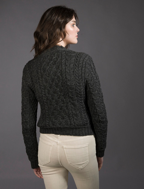 Ladies Cropped Aran Sweater - Graphite