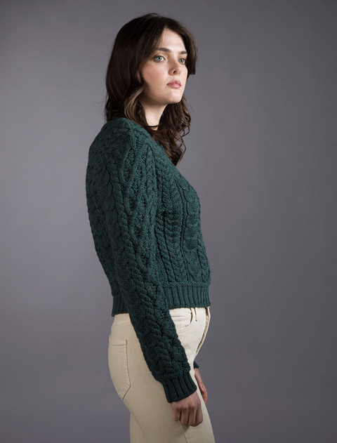 Ladies Cropped Aran Sweater - Evergreen