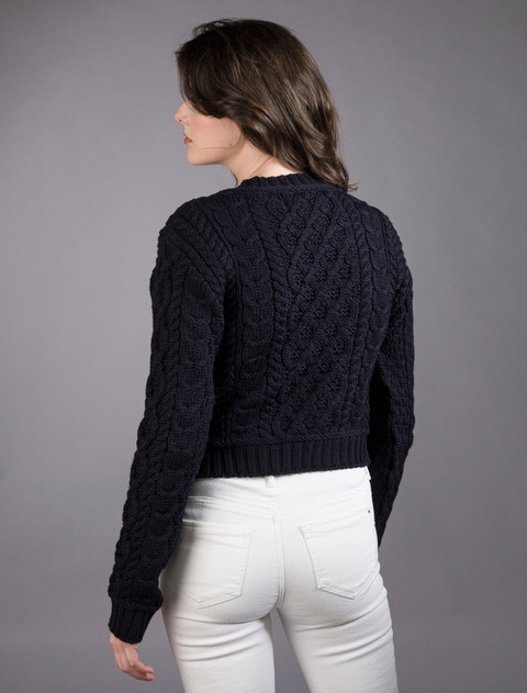 Ladies Cropped Aran Sweater - Navy