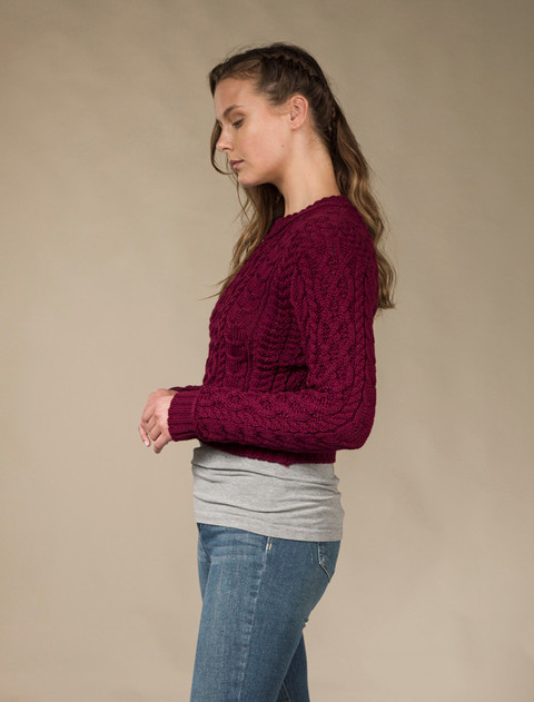 Ladies Cropped Aran Sweater - Claret