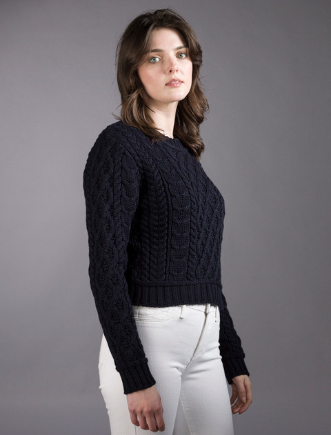 Ladies Cropped Aran Sweater - Navy