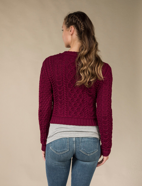 Ladies Cropped Aran Sweater - Claret