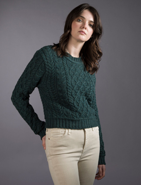 Ladies Cropped Aran Sweater - Evergreen
