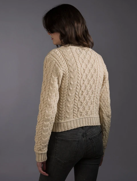 Ladies Cropped Aran Sweater - Oatmeal