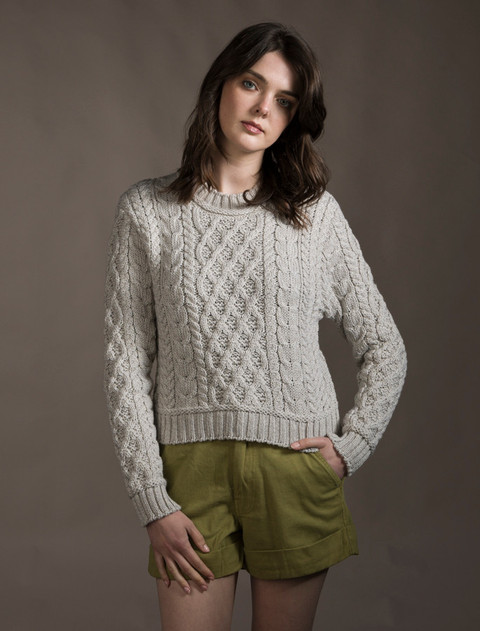 Ladies Cropped Aran Sweater - Silver Marl