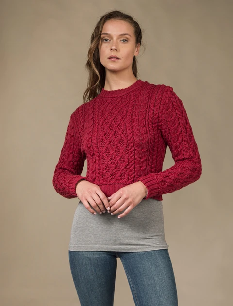 Ladies Cropped Aran Sweater - Red