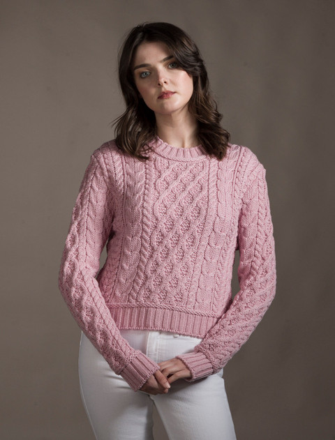 Ladies Cropped Aran Sweater - Pale Pink