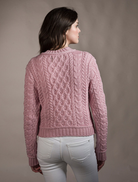 Ladies Cropped Aran Sweater - Pale Pink